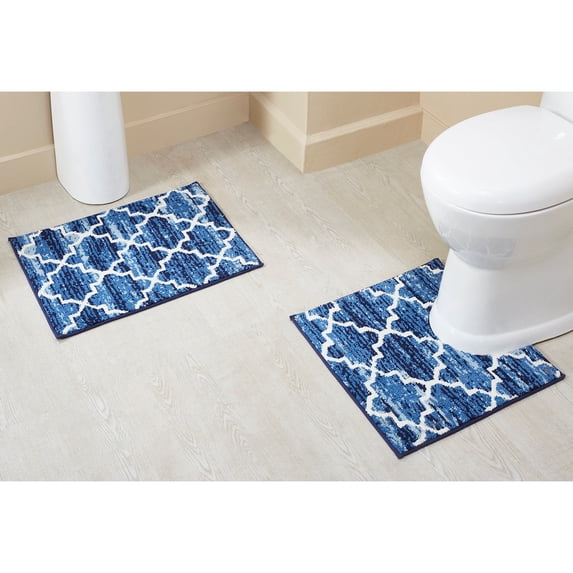Better Trends 2-Piece Bathroom Rug Set, 17"x24" & 20"x20", 100% Cotton Soft, Water Absorbent, Non-Slip Bath Mat Machine Washable - Ideal for Sink, Toilet Base, Tub or Shower Savio Collection - Blue