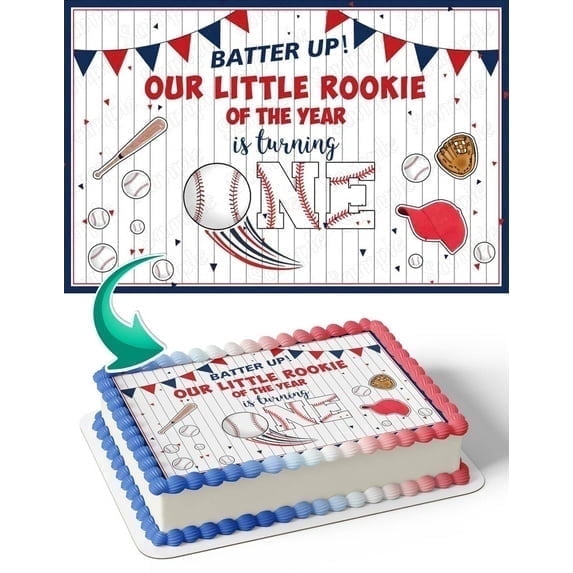 Batter up our Little Rookie of the Year is Turning one Edible Icing Image Cake Topper, by Tnct.