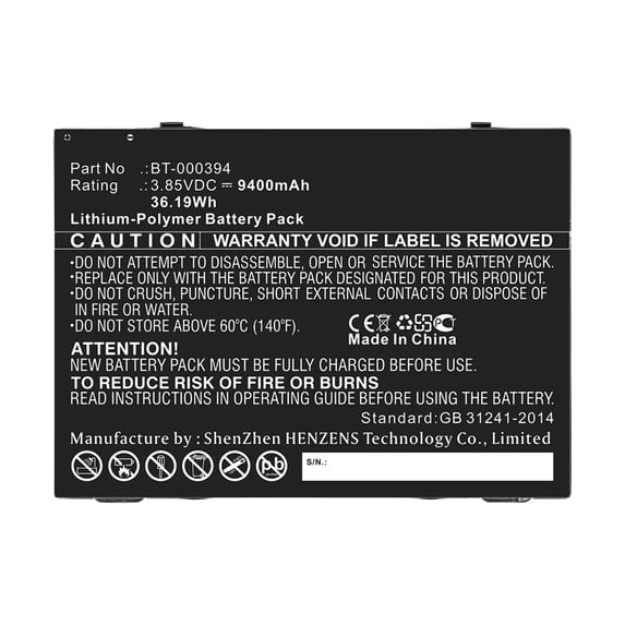 Batteries N Accessories BNA-WB-P14328 Tablet Battery - Li-Pol, 3.85V, 9400mAh, Ultra High Capacity - Replacement for Zebra BT-000394 Battery