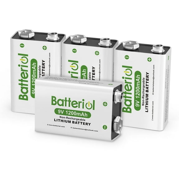 Batteriol 9V Lithium Batteries 1200mAh, Non-Rechargeable, 10 Year Shelf Life, Long-Lasting Power for Smoke Detector and Guitar Pedals 4 Pack