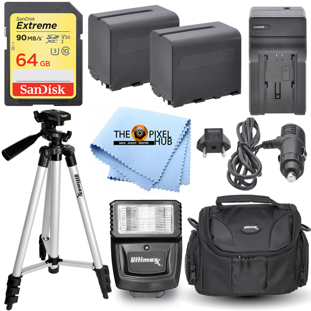 Battery Accessory Bundle Kit with NP-F975 Batteries and Charger, Extreme 64GB SD, Flash, Tripod, Gadget Bag and Microfiber Cloth for Sony MC2500, FDR-AX1, a6400, a7 III, a7R III IV - image 1 of 7