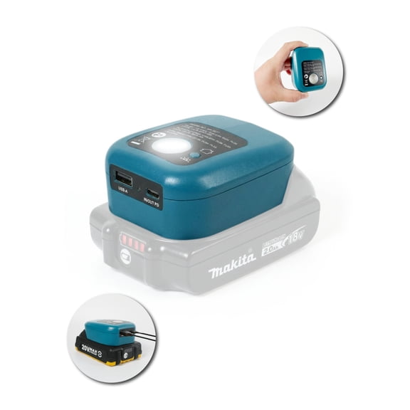 Battery Adapter Compatible with Makita 14-18V Battery, Battery Power Source Converter with USBC & USBA Ports for BL1830B BL1850B BL1850B BL1840B BL1820B, 2W LED Work Light Flashlight