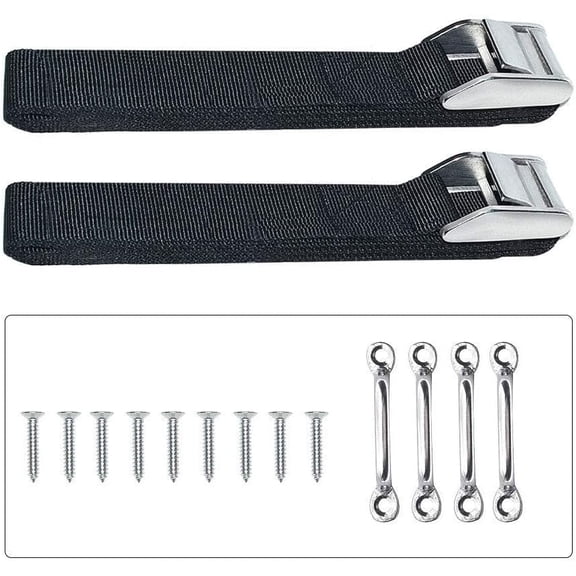 Battery Box Hold-Down Strap Kit - 2x 78 Inch Nylon Webbing Straps with Stainless Steel Cam Buckles & Mounts - Ideal for Boat, RV, Car - Black