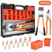 Filluck 245PCS Battery Cable Crimping Tool Kit, Copper Wire Lug AWG 1 2 4 6 8 1/0 Gauge, Wire Crimper for AWG 10-1/0 with Cable Cutter, Battery Terminal Connectors with 31 Heat Shrink Tubing