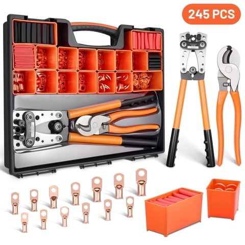 Filluck 245PCS Battery Cable Crimping Tool Kit, Copper Wire Lug AWG 1 2 4 6 8 1/0 Gauge, Wire Crimper for AWG 10-1/0 with Cable Cutter, Battery Terminal Connectors with 3:1 Heat Shrink Tubing