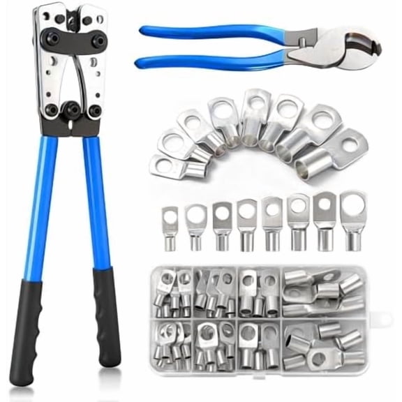Battery Cable Lug Crimping Tool Kit  Heavy-Duty Wire Crimper for AWG 101/0, Complete 60PCS Copper Lugs Kit for Automotive, Marine & Solar Wiring$$Tools & Hardware Other