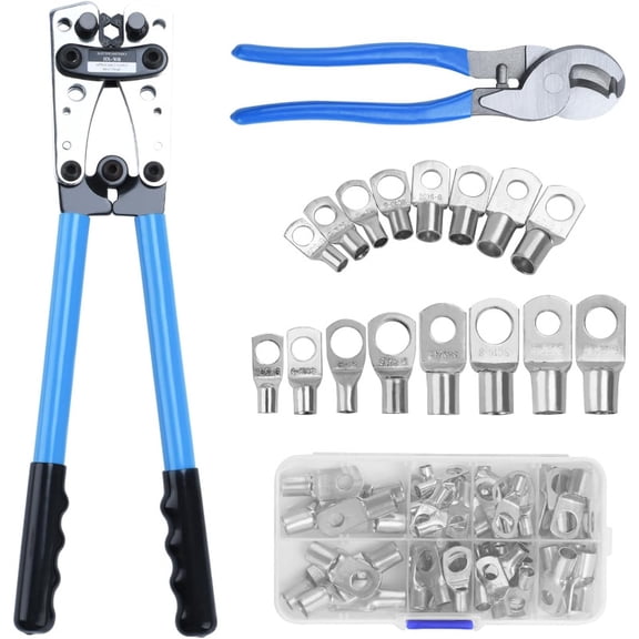 Battery Cable Lug Crimping Tool heavy duty wire crimper with Cable Cutter and 60Pcs Copper Ring Terminals for AWG 10 1 0 Electrical Lug Rose Gold