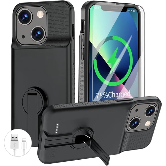 Battery Case for iPhone 13/13 Pro/14/14 Pro, Charging Case with Stand 7000mAh Rechargeable Ultra-Slim Anti-Fall Protection Extended Charger Cover for iPhone 14/14Pro/13/13 Pro Battery Case 6.1" Black