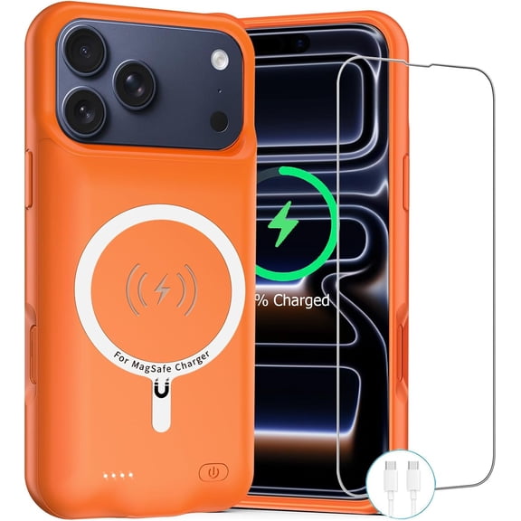 Battery Case for iPhone 17 Pro, 10000mAh Rechargeable Portable Charging with Wireless Compatible Pro (6.3 inch) Carplay Extended Pack Charger Cover (Orange)