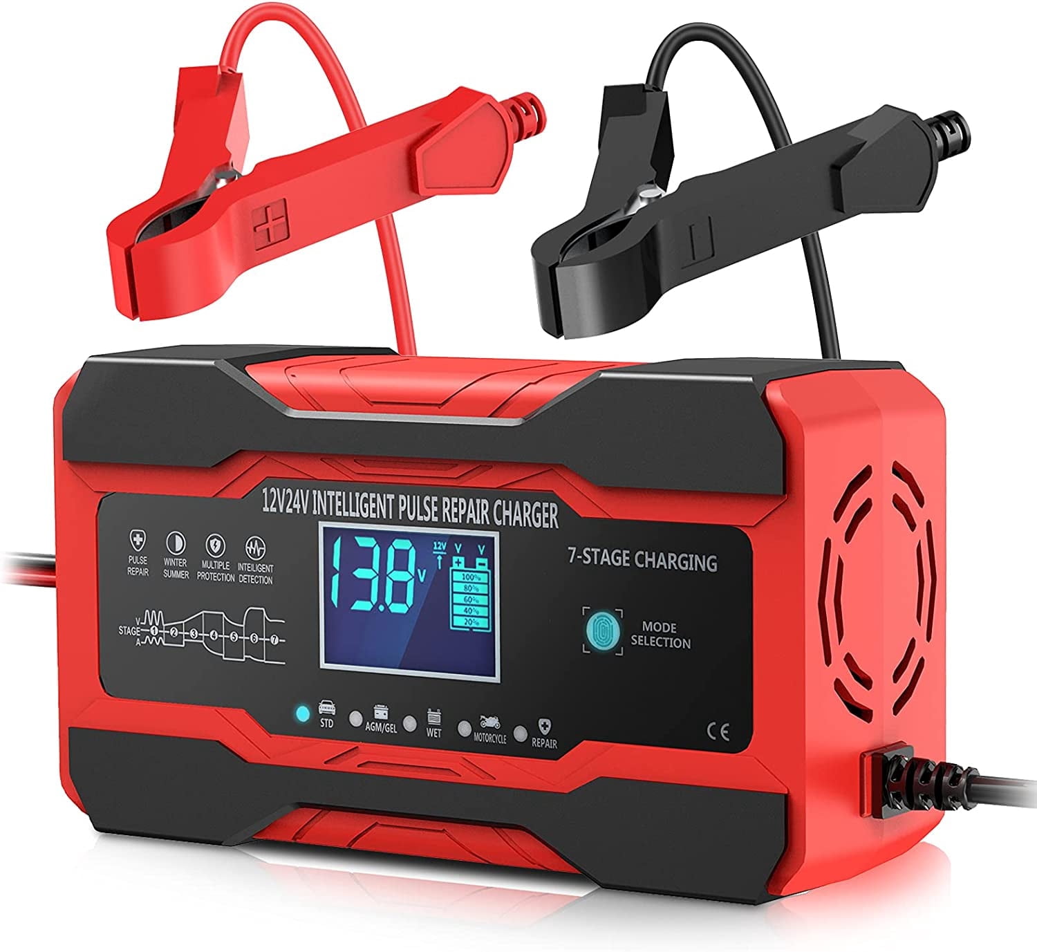 XINGJIU Battery Charger 10-Amp 12V and 24V Fully-Automatic Smart Car Battery Charger, Battery Maintainer Trickle Charger, and Battery Desulfator with Temperature Compensation
