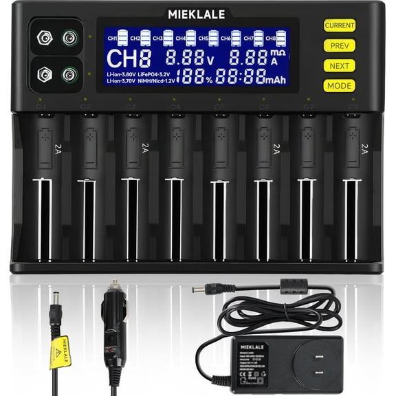 Battery Charger, 8+2 Bays Smart Universal Battery Charger with LCD Display for Rechargeable Batteries Li-ion LiFePO4 RCR123 16340 26650 10440 14500 & 9V, NiMH NiCd AAA AA(8+2Slots)