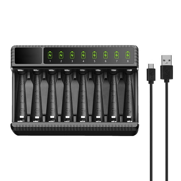 Battery Charger AA AAA, High Speed 8 Bay AA Charger, Multifunctional Desktop Rechargeable Batteries Charger for Nickel Cadmium, Alkaline, AA or AAA Batteries