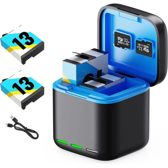 Battery Charger for Hero 13 Black, 2-Pack 2200mAh Battery USB Storage 3-Channel Fast Charger Fully Compatible with GoPro Hero 13 Black Official with Micro SD Card Slot