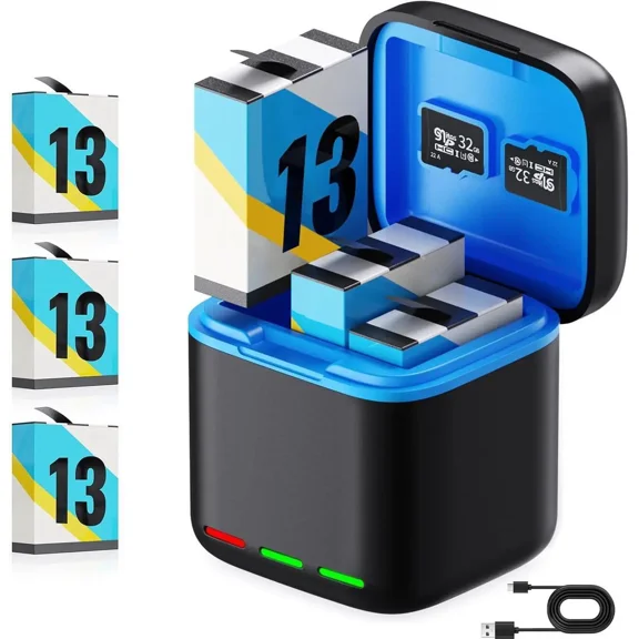Battery Charger for Hero 13 Black, 3-Pack 2200mAh Battery USB Storage 3-Channel Fast Charger Fully Compatible with GoPro Hero 13 Black Official with Micro SD Card Slot