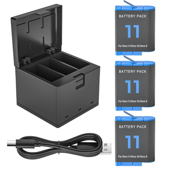 Battery Charger Kit for GoPro Hero 9 10 11 Black, Triple Charge Case with Type-C Charging Cord    3 pack Batteries