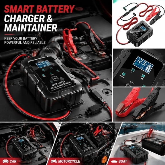 Battery Charger and Desulfator, 6V 12V Automatic Intelligent Recognition, Smart Pulse Repairer for Car, Motorcycle & Marine Batteries