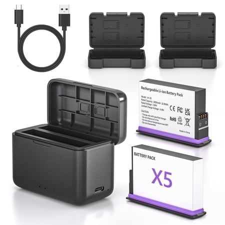 2 Pack Rechargeable Battery for Insta360 X5 Action Camera, Dual-Slot Charger Hub for Insta 360 X5 Battery