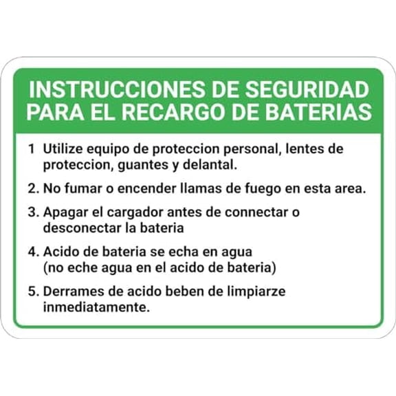 Battery Charging Safety Checklist: Five Item Numbered Checklist Spanish Landscape Sign Metal Sign 8x12 Inch \u2013 Safety for Home, Office, or Workplace