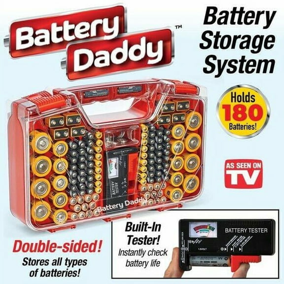Battery Daddy Battery Organizer Case with Tester, Double-Sided Storage for Up to 180 Batteries, Black