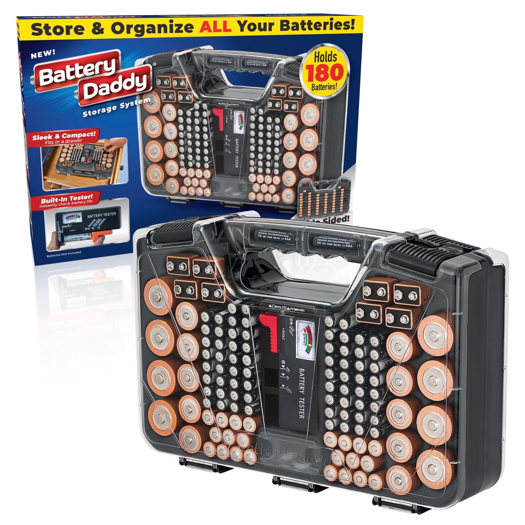 Battery Daddy Storage & Organizer Case w/Tester, Stores & Protects Up to 180 Batteries, Double-Sided, Clear Locking Lid, Secure Latches & Portable Carrying Handle - Charcoal (Batteries Not Included)
