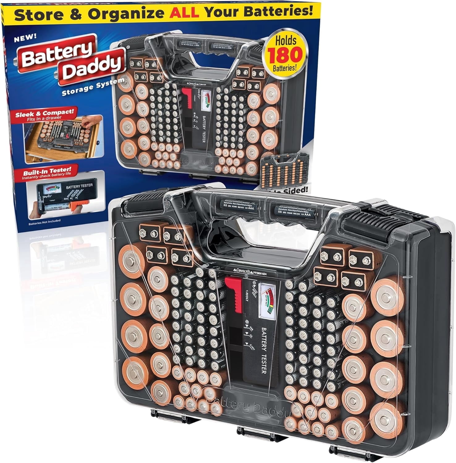 Battery Daddy Storage & Organizer Case w/Tester, Stores & Protects Up to 180 Batteries, Double-Sided, Clear Locking Lid, Secure Latches & Portable Carrying Handle - Charcoal (Batteries Not Included)