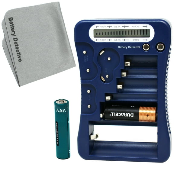 Battery Detective 12 Type Battery Tester (Blue) with LCD Display, AAA Battery & Cloth, for Household Batteries AA AAA C D 9V CR2032 CR123A N/LR1 CR2 CR-V3 2CR5 CR-P2 1.5V/3V Button Cell Batteries
