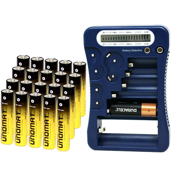 Battery Detective 12 Type Battery Tester (Blue) with LCD Display for Household Batteries AA AAA C D 9V CR2032 CR123A N/LR1 CR2 CR-V3 2CR5 CR-P2 1.5V/3V Button Cell Batteries +AAA Batteries (20-Pack)