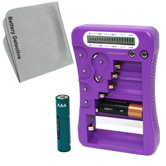 Battery Detective 12 Type Battery Tester (Purple) with LCD Display, AAA Battery & Cloth, for Household Batteries AA AAA C D 9V CR2032 CR123A N/LR1 CR2 CR-V3 2CR5 CR-P2 1.5V/3V Button Cell Batteries