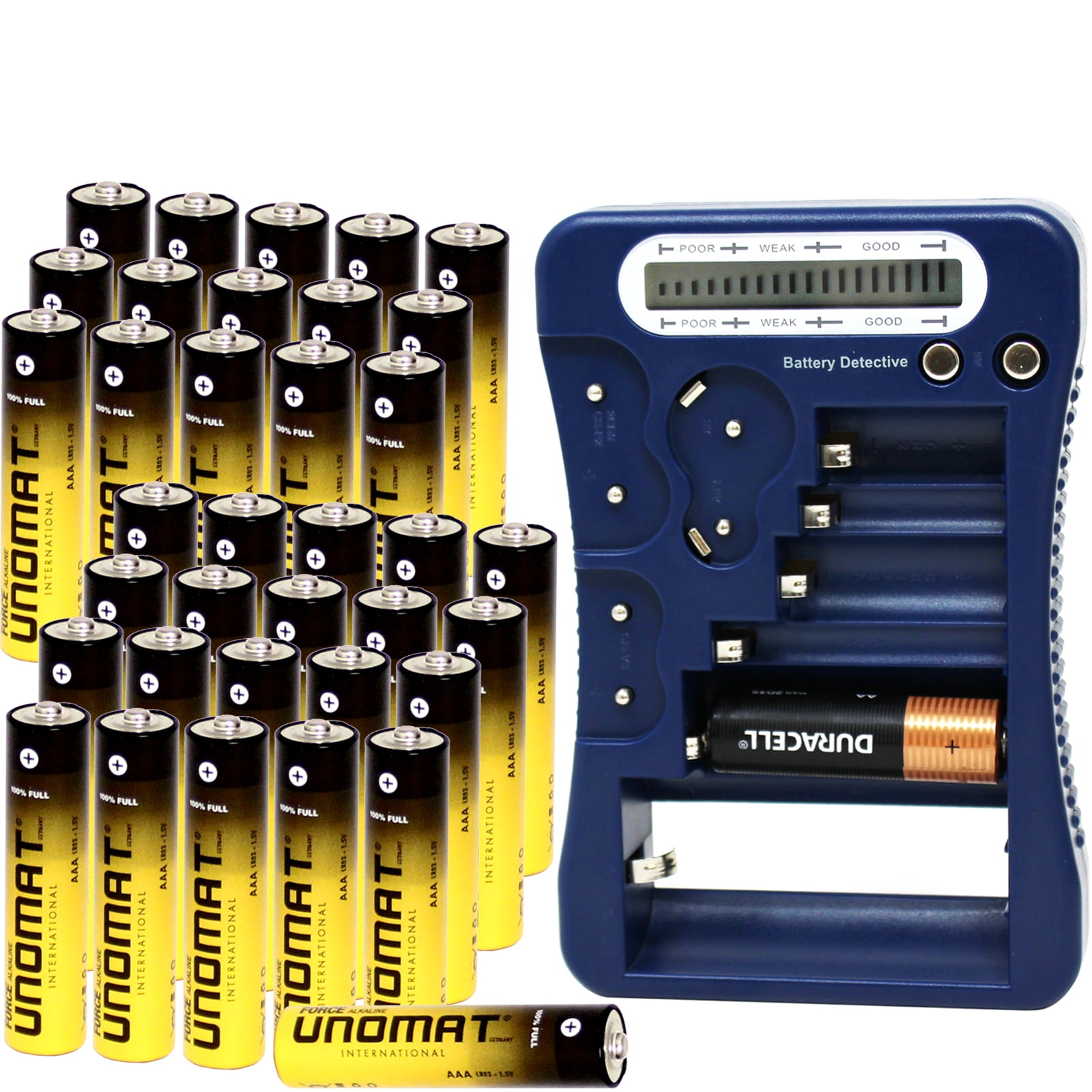Battery Detective 12 Type Battery Tester (Blue) with LCD Display for Household Batteries AA AAA C D 9V CR2032 CR123A N/LR1 CR2 CR-V3 2CR5 CR-P2 1.5V/3V Button Cell Batteries +AAA Batteries (36-Pack)