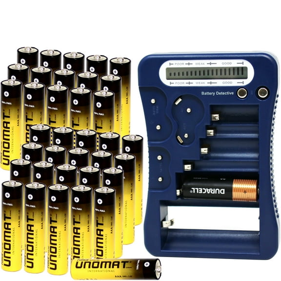 Battery Detective 12 Type Battery Tester (Blue) with LCD Display for Household Batteries AA AAA C D 9V CR2032 CR123A N/LR1 CR2 CR-V3 2CR5 CR-P2 1.5V/3V Button Cell Batteries +AAA Batteries (36-Pack)