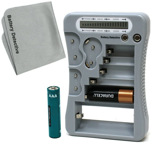 Battery Detective 12 Type Battery Tester (Grey) with LCD Display, AAA Battery & Cloth, for Household Batteries AA AAA C D 9V CR2032 CR123A N/LR1 CR2 CR-V3 2CR5 CR-P2 1.5V/3V Button Cell Batteries