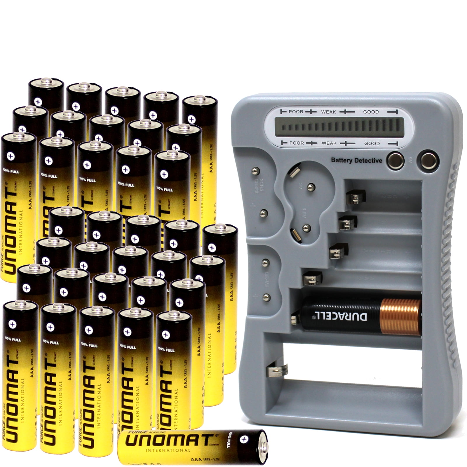 Battery Detective 12 Type Battery Tester (Grey) with LCD Display for Household Batteries AA AAA C D 9V CR2032 CR123A N/LR1 CR2 CR-V3 2CR5 CR-P2 1.5V/3V Button Cell Batteries + AAA Batteries (36-Pack)