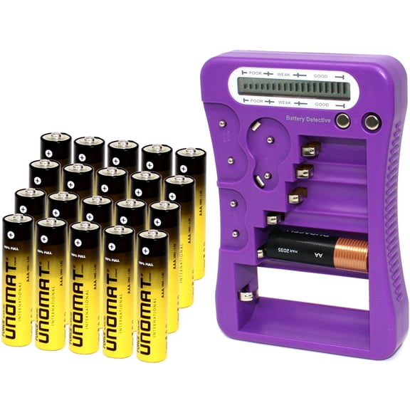 Battery Detective 12 Type Battery Tester (Purple) with LCD Display for Household Batteries AA AAA C D 9V CR2032 CR123A N/LR1 CR2 CR-V3 2CR5 CR-P2 1.5V/3V Button Cell Batteries +AAA Batteries (20-Pack)