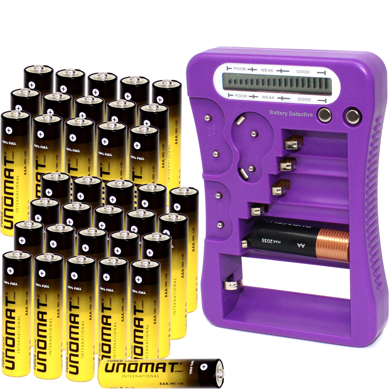 Battery Detective 12 Type Battery Tester (Purple) with LCD Display for Household Batteries AA AAA C D 9V CR2032 CR123A N/LR1 CR2 CR-V3 2CR5 CR-P2 1.5V/3V Button Cell Batteries +AAA Batteries (36-Pack)