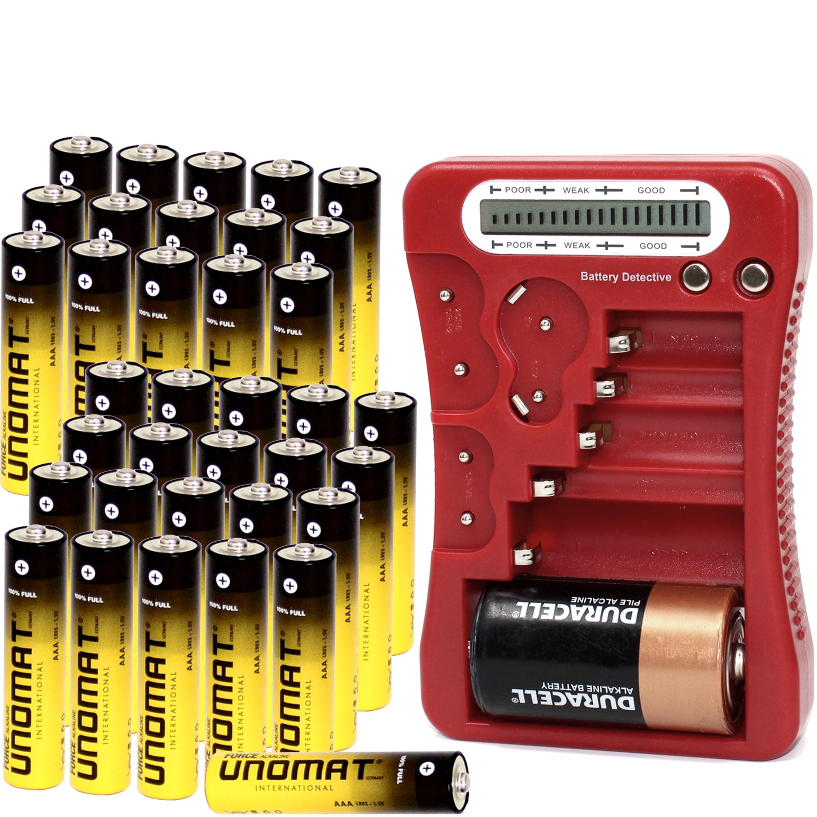 Battery Detective 12 Type Battery Tester (Red) with LCD Display for Household Batteries AA AAA C D 9V CR2032 CR123A N/LR1 CR2 CR-V3 2CR5 CR-P2 1.5V/3V Button Cell Batteries + AAA Batteries (36-Pack)