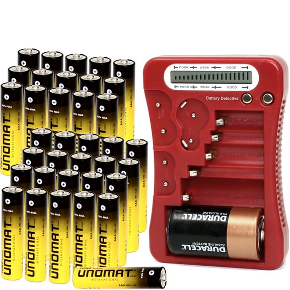 Battery Detective 12 Type Battery Tester (Red) with LCD Display for Household Batteries AA AAA C D 9V CR2032 CR123A N/LR1 CR2 CR-V3 2CR5 CR-P2 1.5V/3V Button Cell Batteries + AAA Batteries (36-Pack)
