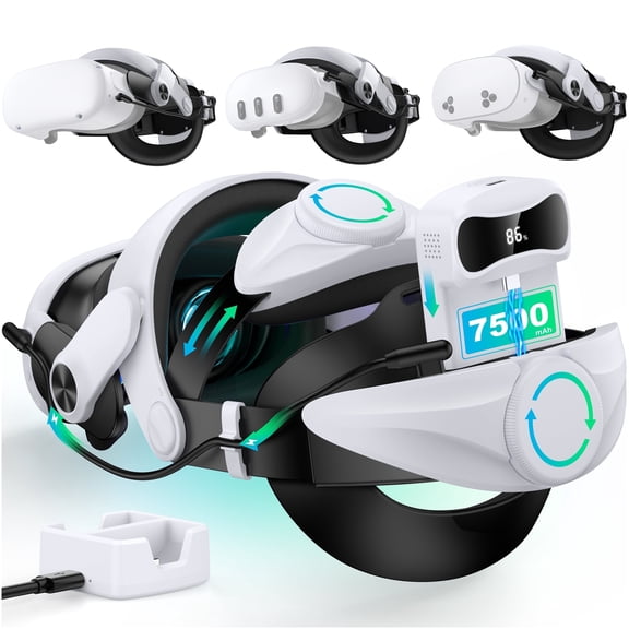 Head Strap with 7500mAh Battery for Oculus Meta Quest 3/3S/2, VR Headset Accessories for Quest 3 with Double Adjust Knob Enhanced