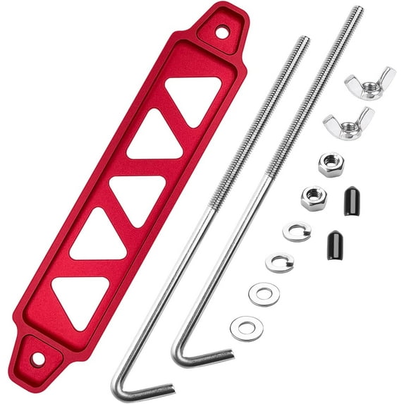 Battery Hold Down Sets,with Billet Aluminum Battery Tie Down Bracket and 18-8(304) Stainless Steel J Bolts (Red, 9 inch Bolts)