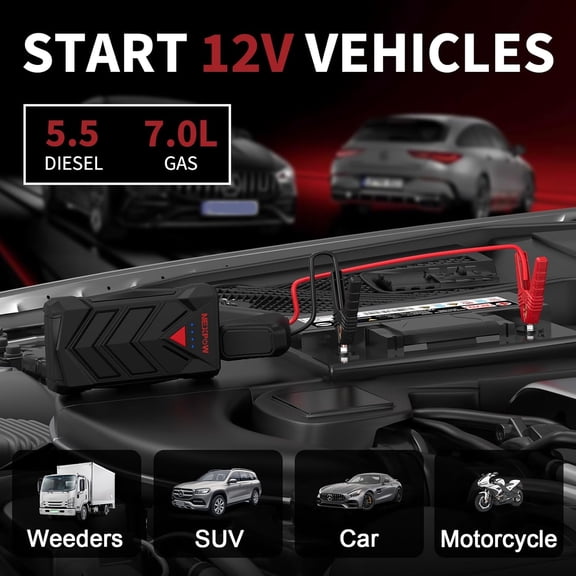 Battery Jumper Starter Portable, 12V Car Battery Jump Starter Power Pack with USB Quick Charge (Up to 7L Gas or 5.5L Diesel Engine) Jump Box with Built-in LED Light