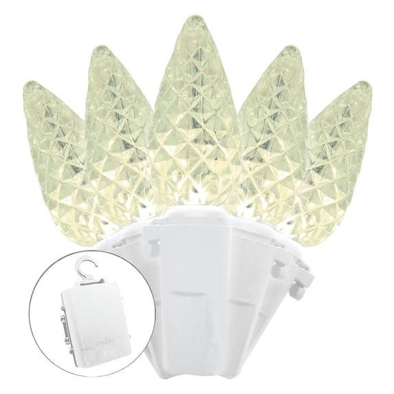 Battery Operated 35 Lt Faceted C6 LED Lights, Warm White, White Wire (Set of 2)
