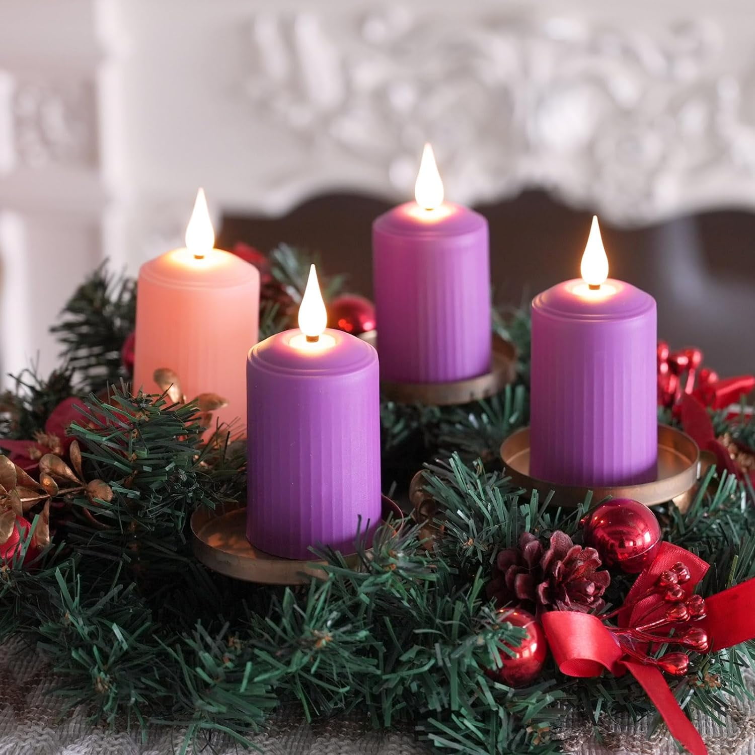 Battery Operated Advent Candles Purple and Pink Flameless Pillar
