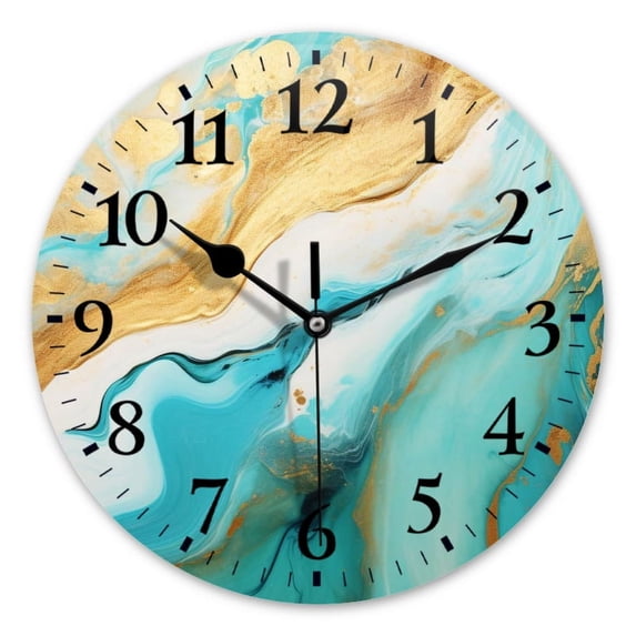 Battery Operated Analog Wall Clocks Non-Ticking Silent Modern Clock Decorative for Home,Office-Abstract Fluid Art Painting In Turquoise With White And Gold Colors(12inch)