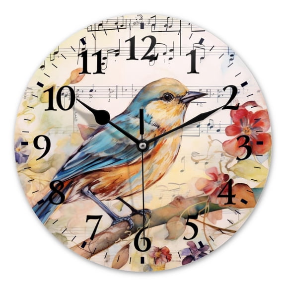 Battery Operated Analog Wall Clocks Non-Ticking Silent Modern Clock Decorative for Home,Office-Beautiful Bird With Flowers And Music Notes In The Background(14inch)