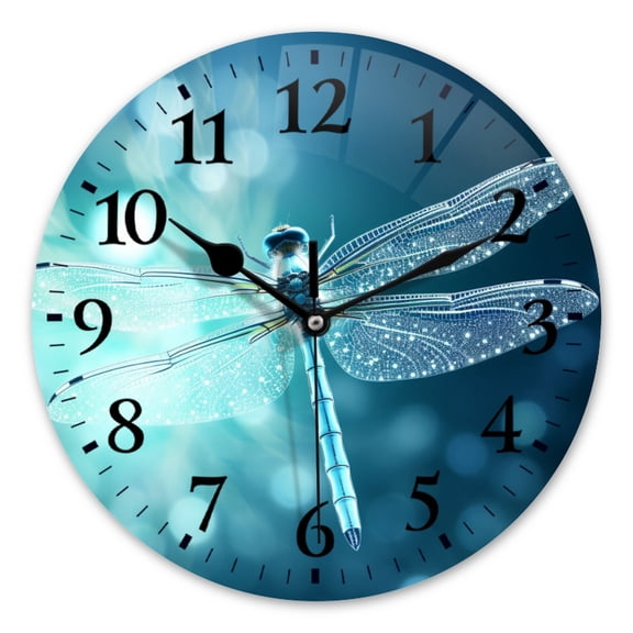 Battery Operated Analog Wall Clocks Non-Ticking Silent Modern Clock Decorative for Home,Office-Beautiful Dragonfly With Transparent Wings Sparkling Blue Background(10inch)