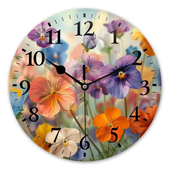 Battery Operated Analog Wall Clocks Non-Ticking Silent Modern Clock Decorative for Home,Office-Beautiful Painting Of Colorful Pansies In The Meadow(14inch)