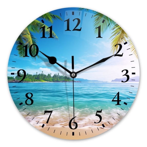Battery Operated Analog Wall Clocks Non-Ticking Silent Modern Clock Decorative for Home,Office-Beautiful Tropical Beach With Palm Trees And Blue Sea Water(14inch)