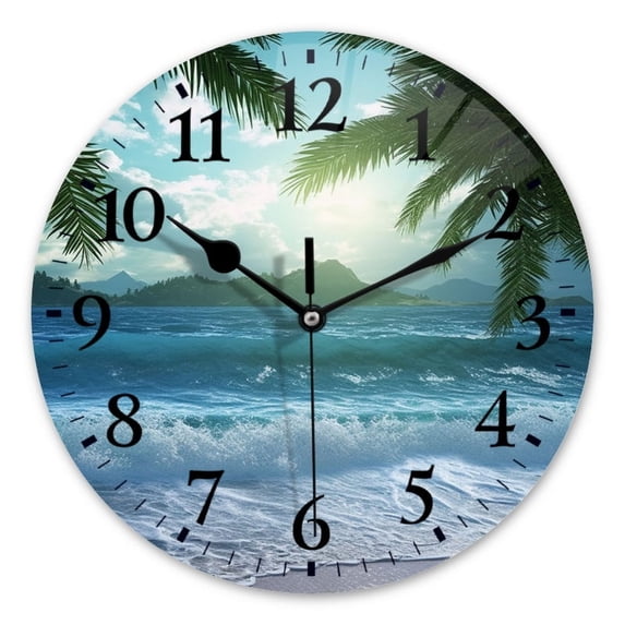 Battery Operated Analog Wall Clocks Non-Ticking Silent Modern Clock Decorative for Home,Office-Beautiful Tropical Beach With Palm Trees And Blue Waves(14inch)