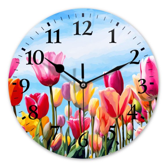 Battery Operated Analog Wall Clocks Non-Ticking Silent Modern Clock Decorative for Home,Office-Colorful Tulips In The Field With Sky Background(10inch)