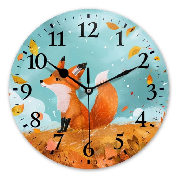 Battery Operated Analog Wall Clocks Non-Ticking Silent Modern Clock Decorative for Home,Office-Cute Cartoon Fox In Autumn Landscape And Surrounded By Falling Leaves(14inch)