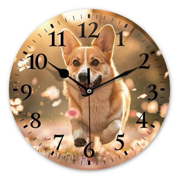 Battery Operated Analog Wall Clocks Non-Ticking Silent Modern Clock Decorative for Home,Office-Cute Corgi Dog Running Through Field Of Cherry Blossoms(10inch)